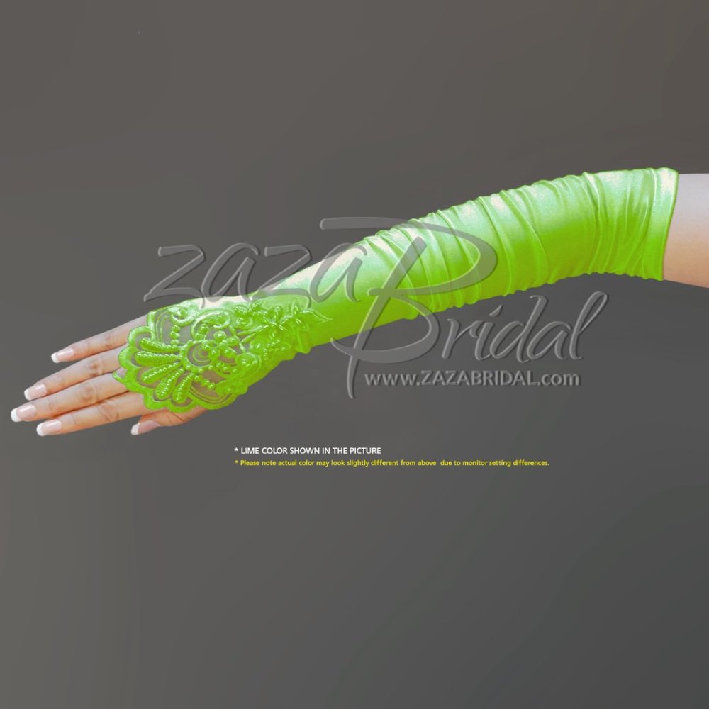 Gathered Satin Fingerless Gloves w/ Floral Embroidery Lace, Sequins & Pearls